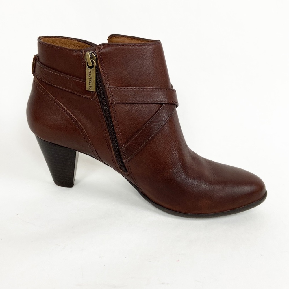 Nurture Jerilyn Brown Genuine Leather Side Zip Buckle Detail Ankle Boots